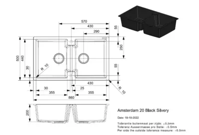 reginox amsterdam 20 black silvery r31001 dubbele keukenspoelbak graniet opbouw 2