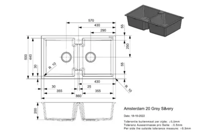 reginox amsterdam 20 grey silvery r31018 dubbele keukenspoelbak graniet opbouw 2