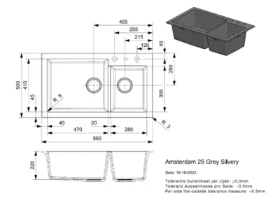 reginox amsterdam 25 grey silvery r31094 anderhalve keukenspoelbak graniet opbouw 2