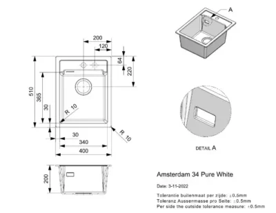 reginox amsterdam 34 pure white r33579 enkele keukenspoelbak graniet opbouw 2
