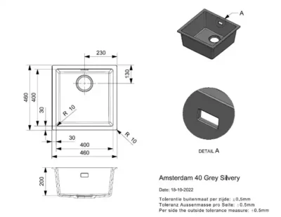 reginox amsterdam 40 x 40 grey silvery r32329 enkele keukenspoelbak graniet onderbouw of opbouw 2