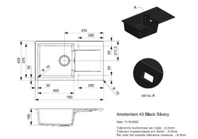 reginox amsterdam 43 black silvery r33463 enkele keukenspoelbak graniet opbouw 2