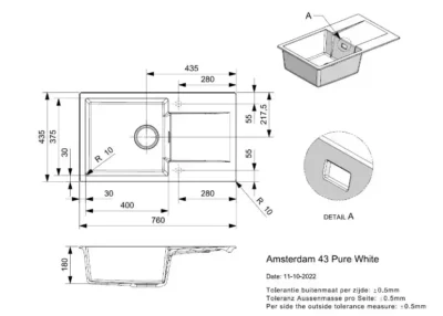 reginox amsterdam 43 pure white r33500 enkele keukenspoelbak graniet opbouw 2