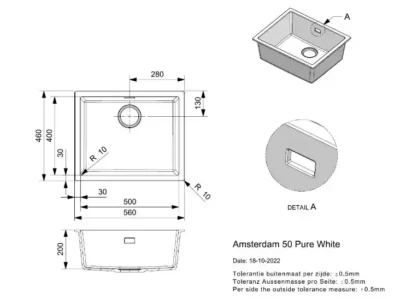 reginox amsterdam 50 x 40 pure white r30837 enkele keukenspoelbak graniet onderbouw of opbouw 2