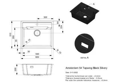 reginox amsterdam 54 tapwing black silvery r31049 enkele keukenspoelbak graniet opbouw 2