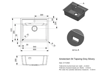 reginox amsterdam 54 tapwing grey silvery r31056 enkele keukenspoelbak graniet opbouw 2