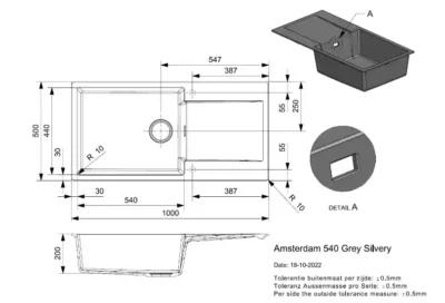 reginox amsterdam 540 grey silvery r30813 enkele keukenspoelbak graniet opbouw 2