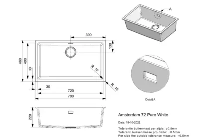 reginox amsterdam 72 x 40 pure white r30875 enkele keukenspoelbak graniet onderbouw of opbouw 2