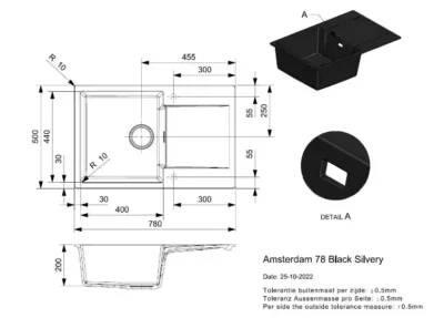 reginox amsterdam 78 black silvery r32756 keukenspoelbak graniet opbouw 2