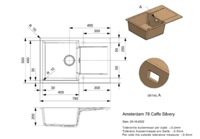 reginox amsterdam 78 caffe silvery r32770 enkele keukenspoelbak graniet opbouw 2