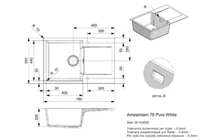 reginox amsterdam 78 pure white r32749 enkele keukenspoelbak graniet opbouw 2