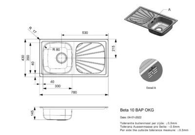 reginox beta 10 bap okg r16756 enkele keukenspoelbak rvs omkeerbaar opbouw 2