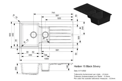 reginox harlem 15 black silvery r31292 anderhalve keukenspoelbak graniet opbouw 2