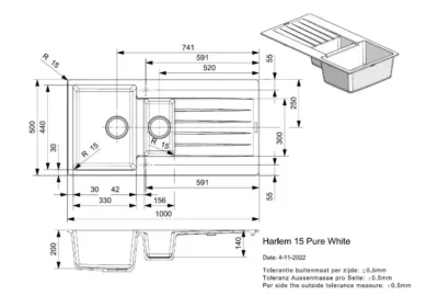 reginox harlem 15 pure white r31285 anderhalve keukenspoelbak graniet opbouw 2