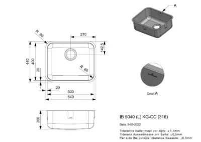 reginox ib 5040 kg cc 50 x 40 r23235 enkele keukenspoelbak rvs onderbouw vlakbouw opbouw 3