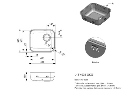 reginox l18 4035 okg r03251 enkele keukenspoelbak rvs onderbouw vlakbouw opbouw 2