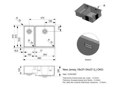 reginox new jersey 18 x 37 + 34 x 37 cm okgd comfort lb r33005 anderhalve keukenspoelbak rechts rvs onderbouw vlakbouw opbouw 2