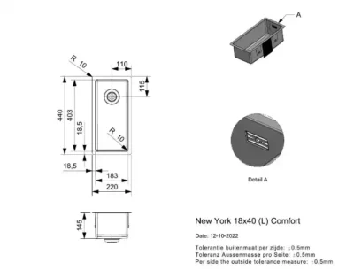 reginox new york 18 x 40 okg r27851 enkele keukenspoelbak rvs onderbouw vlakbouw opbouw 2
