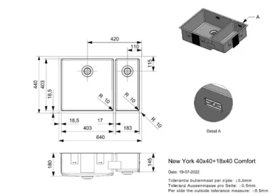 reginox new york 40 x 40 + 18 x 40 okgd comfort r27813 anderhalve keukenspoelbak links rvs onderbouw vlakbouw opbouw 2