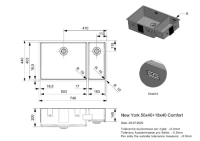 reginox new york 50 x 40 + 18 x 40 okgd comfort r27837 anderhalve keukenspoelbak links rvs onderbouw vlakbouw opbouw 2