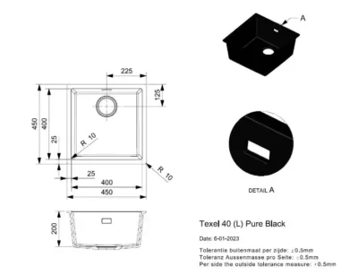 reginox texel 40 x 40 pure black r34651 enkele keukenspoelbak graniet vlakbouw 3